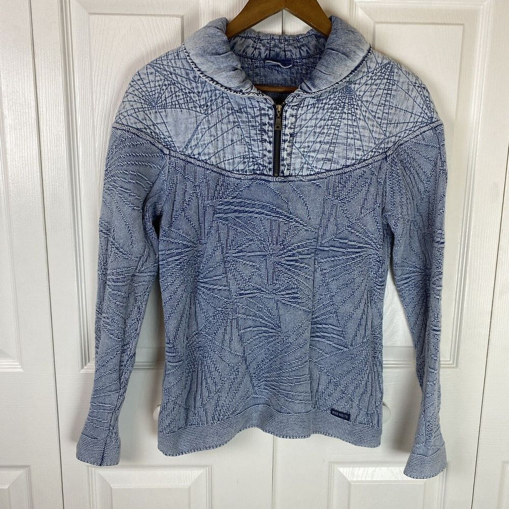 Blue Willi's S Sweater Chunky Denmark 1/4 Zip Pullover Blue Indigo Knitted Faded
